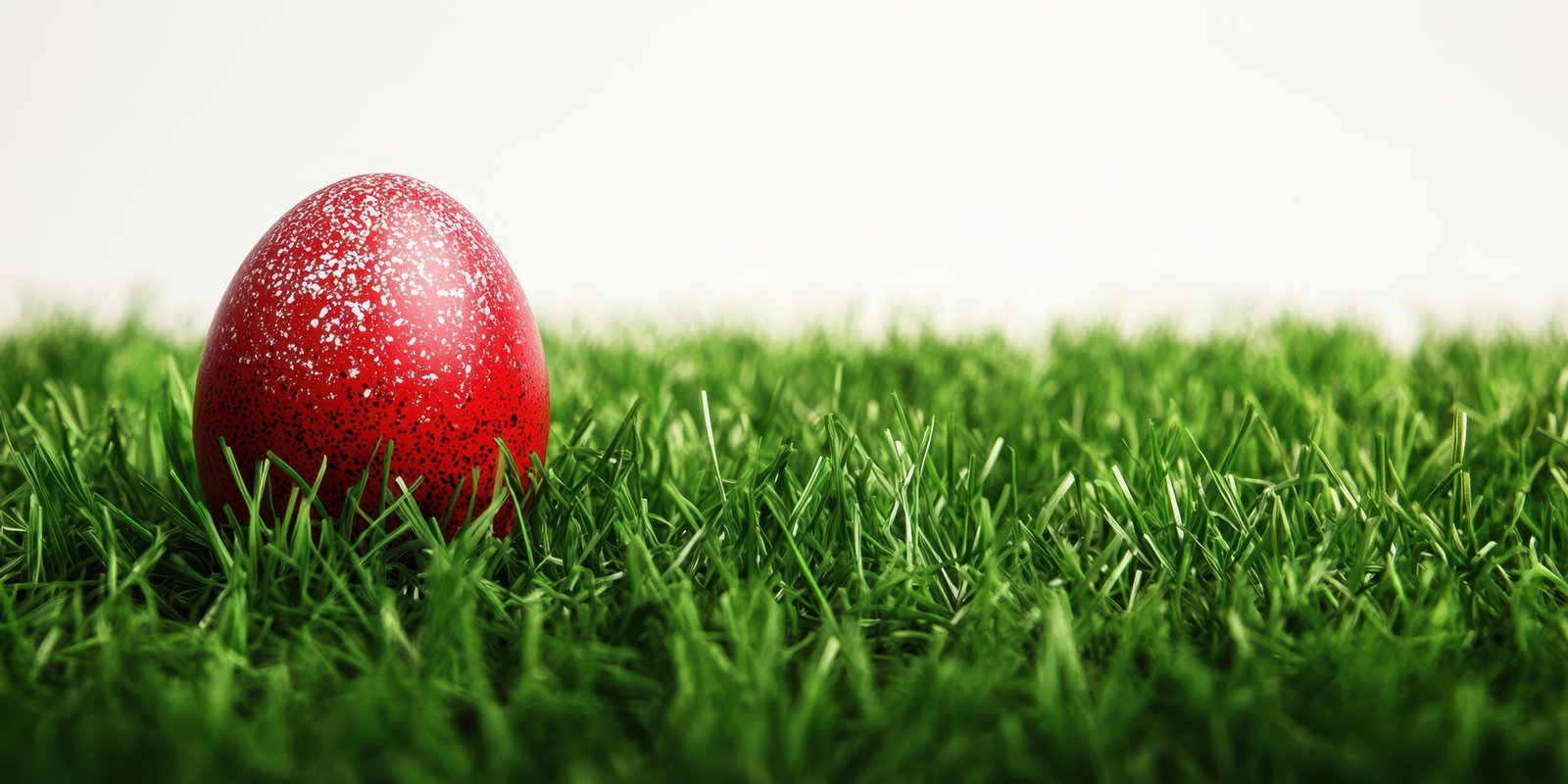 Bright red egg placed on fresh green grass in a festive outdoor setting for spring celebrations